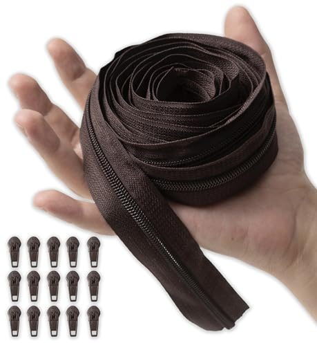 IPEA Cerniera Lampo Catena Continua misura #5 Marrone - [ 5 METRI + 15 CURSORI IN METALLO ] - Made in Italy - Zip Ritagliabile per Cucito, Abbigliamento, Accessori - Larghezza 30 mm - Marrone