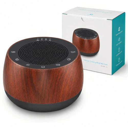 LUCYLANKER Tibetische Meditationsschalen Klangmaschine mit Timer, Tragbare Elektronische Klangschale mit 9 Geräusche für Yoga, Meditation, USB-C, Klangtherapie für Zuhause & Studio (Holzoptik)
