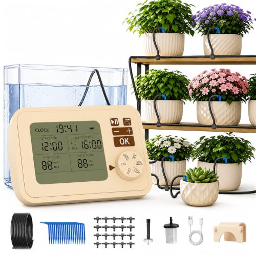 PChero Irrigazione automatica con timer, tubo gocciolante da 15 m, 20 contagocce | Sistema di irrigazione per interni con timer programmabile e accessori per piante in vaso, serra, balcone, aiuola rialzata