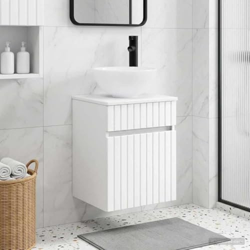 Tonture Lavabo mural blanc en bois 39 x 35 x 63 cm avec espace de rangement, tiroir et porte, meuble de salle de bain pour salle de bain et WC, lavabo minimaliste pour montage mural