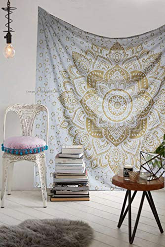 raajsee Wandteppich Mandala,Zimmer Deko, Weißes Gold Wandtuch Boho WandDeko,Wandbehang Psychedelic 132X208 CM