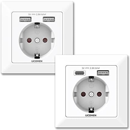 UCOMEN 2.8A USB Schuko Steckdosen, Wand steckdose 250V Steckdose mit 2 USB Type A and Type C, Laden aller mobilen Geräte Passent in standard Unterputzdose，weiß (2 Pack)