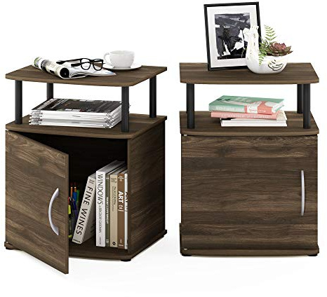 Furinno JAYA Side Table Set of 2, 2-Tier Open Shelf End Table with Door Cabinet, Soft-edges Night Stand, Bedside Table, for Living Room, Bedroom, Columbia Walnut