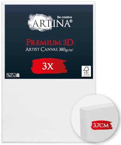 Artina 3er Set 3D Leinwand bespannt auf stabilem FSC® Keilrahmen Baumwolle | 20x30cm verzugsfrei 3-fach weiß vorgrundiert 100% Baumwolle Qualität für Künstlerbedarf Malen Acrylmalerei 3D Premium