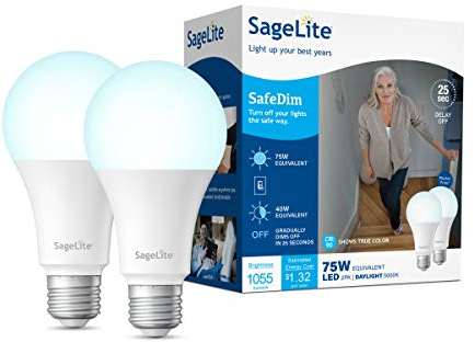SAGELITE Delay Off LED Bulbs, 11W LED Light Bulb with 25 Seconds of Dimmed Light After Switch Off, 75W Equivalent Daylight (5000K) A21 Bulb E26 Base 1055LM, 2 Pack (0187695001)