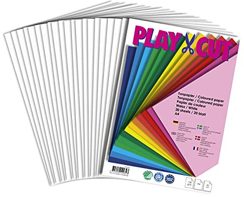 PLAY-CUT Tonpapier A4 Weiß (130g/m2) | 20 Bogen Din A4 Papier zum Basteln Drucken | Dickes Bedruckbares Bastelpapier Set und Druckerpapier A4 | Premium Tonzeichenpapier & Craft Paper
