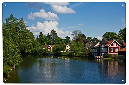 artboxONE Metall-Poster 40x60 cm Natur Häuser am Fluss von Künstler Anja B. Schäfer
