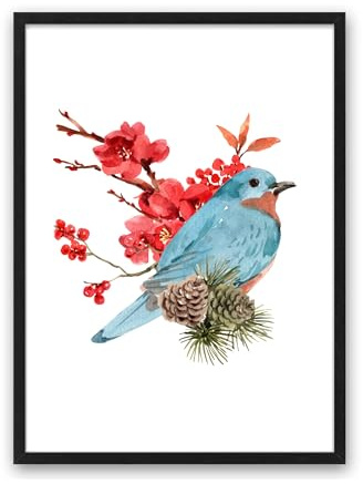 Din A4 Kunstdruck ohne Rahmen - Süßer Vogel auf Ast - Weihnachtsdeko - Weihnachten - Advent Winter Weihnachtszeit Tannenzapfen Druck Poster Bild