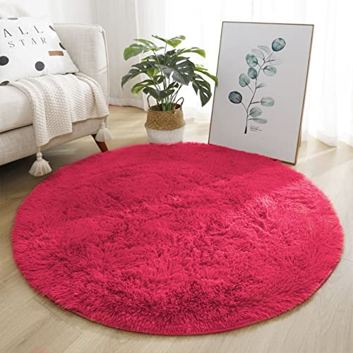 Lifup Soft Fluffy Round Area Rug, Cozy Plush Shaggy Circle Carpet for Living Room Bedroom Home Décor Fuchsia 4.3 Feet