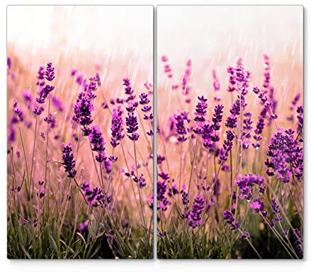 DEQORI Herdabdeckplatten Glas | 2er Set 60x52 cm | Motiv Lavendelblüten im Regen | Ceranfeld Abdeckplatten in Küche | Herd-Abdeckungen universal | Glasplatten & Schneidebretter für Kochplatte
