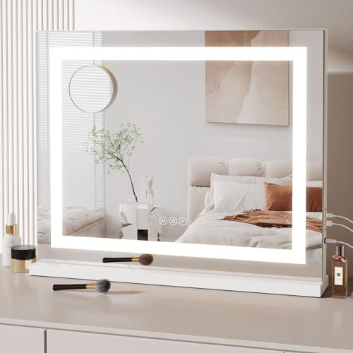 Dripex Hollywood Vanity Mirror with Light, 58 x 48 cm LED Makeup Mirror Light Up Vanity Mirror with 3 Colors Dimmable Strip Light, USB and Type-C Port, Tabletop or Wall-Mounted,