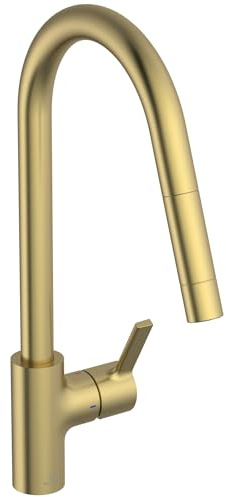 Ideal Standard – Gusto Küchenarmatur, Hoher Auslauf mit zylindrischem Querschnitt, mit 1-Funktionshandbrause, Schwenkbereich 360°, Schnellmontagesystem EasyFix+, Brushed Gold