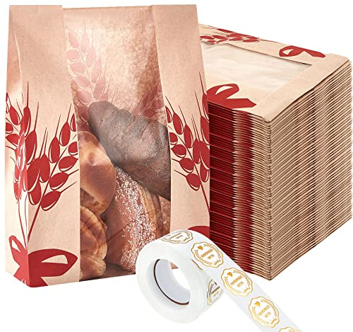 Gueevin 150 Pcs Kraft Paper Bread Bag for Homemade Bread Large Sourdough Loaf Bag with Clear Window Bakery Food Package Storage with 500 Pcs Sticker for Popcorn Cookies, 14x8.3x3.2''