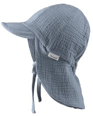 Sterntaler Schirmmütze Nacken Musselin - Unisex Mütze aus Baumwoll Musselin (Bio) - UV-Schutz 50+ Sonnenhut mit Nackenschutz - Baby- und Kinder Sommer Kopfbedeckung zum Binden - graublau, Größe 53