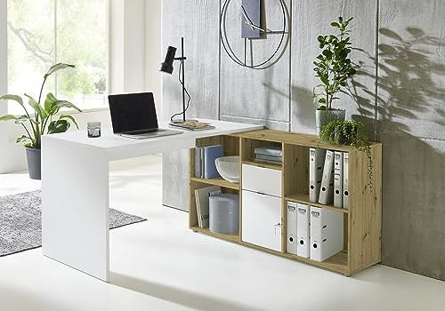 moebel-dich-auf Eckschreibtisch Lagos Schreibtisch Winkelschreibtisch inkl. Regal in verschiedenen Farbvarianten spiegelverkehrt montierbar (weiß/Artisan Eiche Nb.)