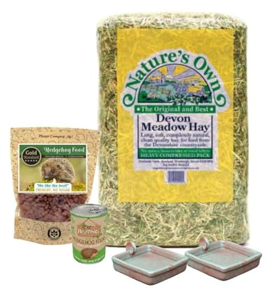 Green Feathers Hedgehog Care Starter Pack, Including Hay 1.8kg, Preminium Hedgehog Dry Food 900g, Hedgehog Wet Food and 2 Feeding Bowls, For Hedgehogs in Your Garden