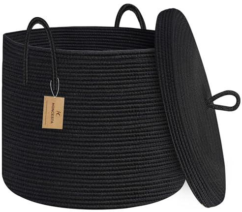 HONCESTA 18 X 14 Large Black Basket with Lid, Cotton Rope Storage Basket for Blanket, Toy, Pillow, Towel, Living Room Bedroom Storage Bin, Wicker Woven All Black Organizing Bin with Cover