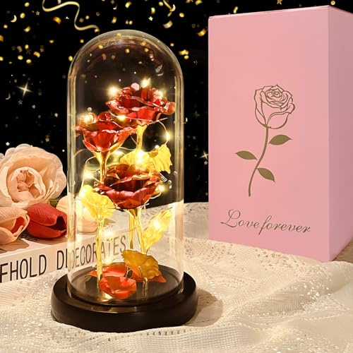 DOUUCO Ewige Rose im Glas, Die Schöne und Das Biest LED Licht Rosen im Glaskuppel Glitzer Rosen Geburtstags Geschenk für Frauen, Mama, Freundin, Muttertagsgeschenk Weihnachten