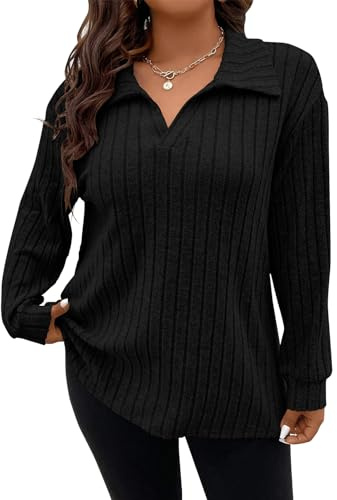 Gemulate Ladies v Neck Jumpers Plus Size Tshirt Long Sleeve Oversized Knitwear Tops Sweaters Clothing Casual Long Top Plus Sweatshirts Black 5XL