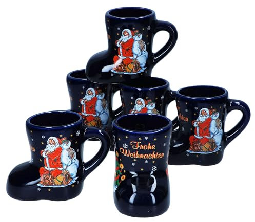 MamboCat Lot de 6 bottes de vin chaud bleu foncé avec anse I 200 ml calibré I Gobelets à vin chaud avec décoration de Noël et inscription pour 6 personnes I Tasse en céramique pour thé, lait de poule,