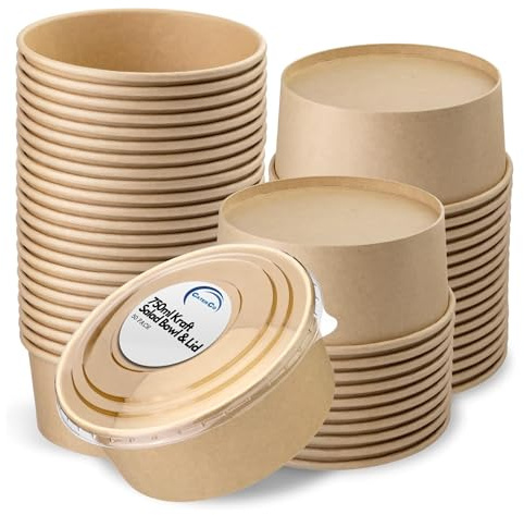 CaterCo Disposable Kraft Salad Bowls with Lids - Versatile Food Containers for Hot/Cold Use for Takeaway, Round Leakproof Kraft Paper Container, (750ml - 50 Sets)