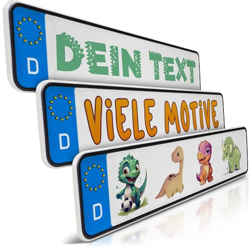 1 Mini Kfz-Kennzeichen | Dino Namensschild zum Geburtstag | Aluminium | Kleines Fun-Kennzeichen für Kinderauto | Dinosaurier | Wunschtext | Kettcar | Tretauto | Gokart | Kinderfahrrad Nummernschild