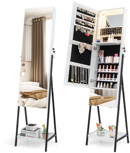 RELAX4LIFE Armoire à Bijoux sur Pied avec Miroir sans Cadre, Miroir Rangement Bijoux LED avec Tiroir Inclinable & Étagère Ouverte, Meuble Bijoux Verrouillable pour Chambre Dressing