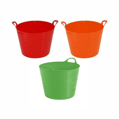 Set of 3- Flexi Tub, 26l Litre Rubber Flexi Strong Bucket Colour Storage Container Washing Basket Trug Builders Bucket For Home Garden MADE IN U.K. (Red, Orange & Lime Green)