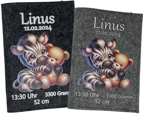 U Heft Hülle und Impfpass aus Filz - Personalisiert mit Namen - Untersuchungsheft Schutzhülle - Babygeschenke zur Geburt - Kinderuntersuchungsheft Mädchen und Junge - Zebra Teddy