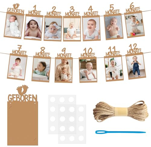 Foto Banner 1. Geburtstag für 1 bis 12 Monate Baby Ersten Geburtstag Fotogirlande Geburtstagsdeko Hängende Wanddekoration Kraftpapier für Jungen Mädchen Party Dekor Erster Heilige Kommunion (Khaki)