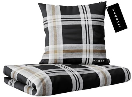 bugatti Bettwäsche 135 x 200 cm - 100% Baumwolle, Reißverschluss, anschmiegsam, weich & waschbar, Mako Satinbettwäsche kariert schwarz grau