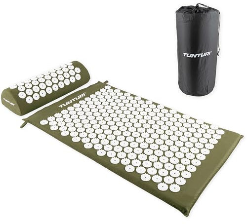 Tunturi Esterilla de acupresión con cojín, esterilla de acupuntura para espalda, cuello, pies, cuerpo entero – Esterilla de acupresión 2 en 1 – Antiestrés – 68 x 42 x 2 cm – Verde militar