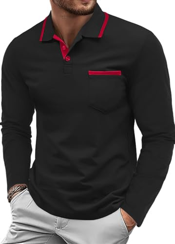 QIXING Herren Poloshirt Langarm Golf Polo Klassisches Baumwoll-Polo mit Brusttasche Casual Polo T-Shirt Pullover