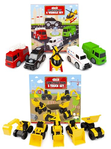 abeec Emergency and Construction Vehicle Toys Bundle - 10-Piece Set Including Ambulance, Fire Engine, Police Car, Helicopter, Bulldozer, Excavator, and More