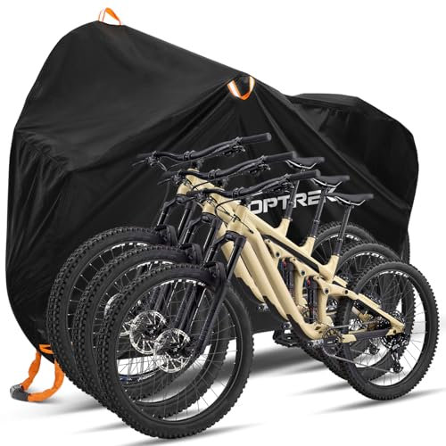toptrek Bike Cover, 210D Bike Covers for 3 Bikes Outside Storage with Lock Holes, 220 x 120 x110cm Bicycle Cover Waterproof Outdoor with Storage Bag, Rain Cover for Mountain & Road Bike