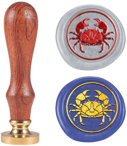 DELORIGIN Krabben Wachssiegelstempel Geprägter Stempel Siegelstempel 25mm Meerestiere Messing Wachssiegelstempelkopf Mit Holzgriff Für Einladungen Umschläge Klebe Wachs