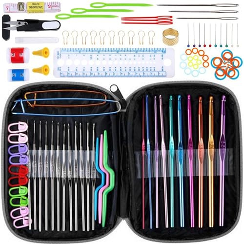Retoo Häkelnadeln Set 100 Stück, Häkeln Set 100pcs, Stricknadeln Zubehöre in verschiedenen Größen und Tasche, Bunte Ergonomische Stricken und Nadeln, Häkelhaken, Haushalt Werkzeug