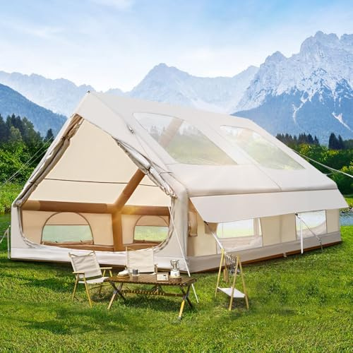 2-10Personen Aufblasbares Gampingzelt mit Oberlichter&Kaminöffnung, 420D Oxford Outdoor Familien Hauszelt Zelt, 4Jahreszeiten, wasserdichte, Ventilationssystem