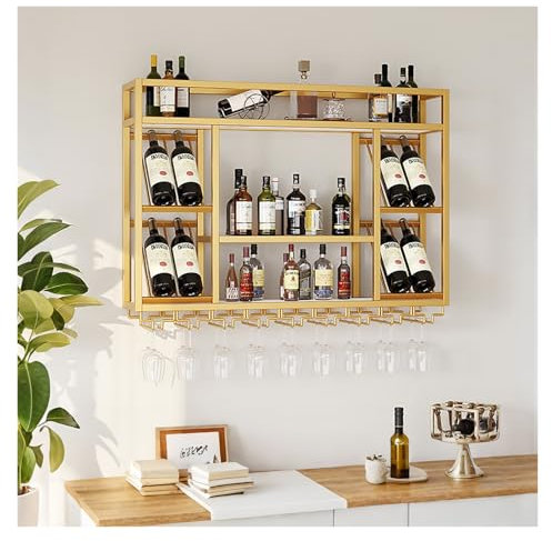 ZYYLIVR Weinregal Wand, Weinglashalter, Wandhalterung Zum Aufhängen, Flaschenregal, Weinglas-Lagerregal, Flaschenhalter Für Zuhause Bar Küche Wohnzimmer(Gold,140 * 25 * 70cm)