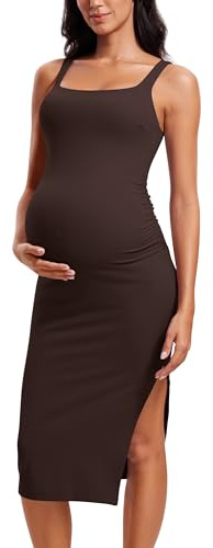 CRZ YOGA Butterluxe Ärmlös Linne Mammaklänning Slits Rynkad Graviditet Fyrkantig Halsringning Bodycon Casual Baby Shower Hot Fudge Brown M