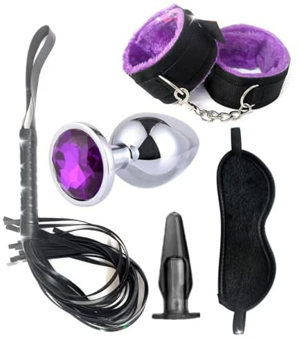 5-teiliges Plüsch-Bondage-Set für Erwachsene, verstellbares Handschellen-Peitschen-Kombi-Set-DERB38 (Lila)