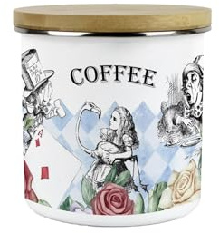 Purely Home Alice's Adventures in Wonderland Coffee Canister - Cartoon Characters White Rabbit & Mad Hatter Kitchen Gifts - Medium Metal Enamel Container 600ml