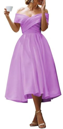 Vestidos de fiesta de satén con hombros descubiertos para mujer, vestidos de dama de honor para boda, cóctel, talla grande, Lila, 42