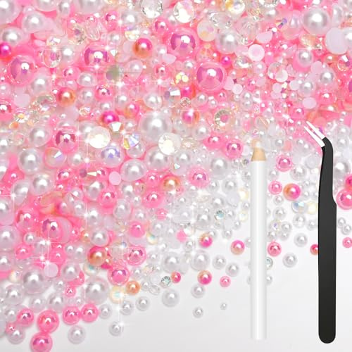 Bouiexye Mezcla de perlas planas de 80 g, diamantes de imitación rosa y blanco para ropa, perlas semicirculares, diamantes de imitación para manualidades, rostro, uñas, botellas, vasos, zapatos