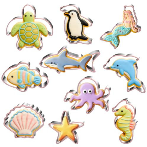 UKoosien Lot de 10 emporte-pièces animaux de l'océan - En acier inoxydable - Passe au lave-vaisselle - Formes de créatures marines pour pâtisserie, fondant, enfants, fêtes et friandises de vacances