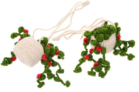 ARTSEWPLY 2pcs Handmade Crochet Hanging Plant Car Ornament Artisanal Knitted Rearview Mirror Decor for Women Car Interior Charm with Detailed Craftsmanship