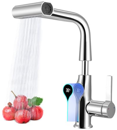 Wasserhahn Küche mit LED Temperaturanzeige, Wasserhahn Küche Ausziehbar, Hochdruck Küchenarmatur mit 4 Modus, Einhebel Mischbatterie 360° Drehbar, Wasserfallarmatur aus Edelstahl für Küche Waschbecken