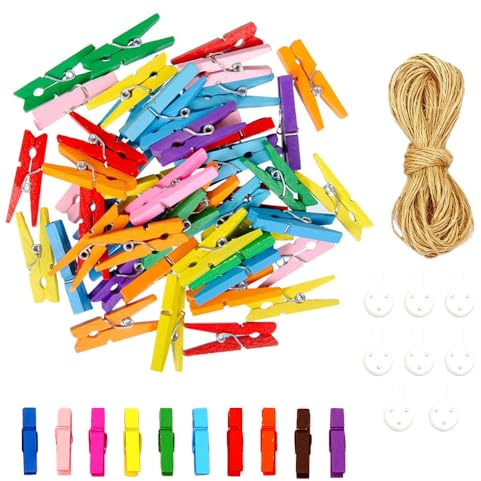 50 Stück Mini Bunt Holzklammern,3.5cm Holzklammern Klein | Mini Wäscheklammern Holz, Deko Klammern, Fotoseil mit Klammern für Fotos Bilder Collagen Postkarten Geschenke