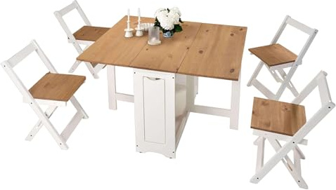 Miroytengo Set Mesa de Cocina Plegable con 4 Sillas Plegables Comedor o Cocina Belisim 2 Alas Abatibles Blanco Mate y Roble