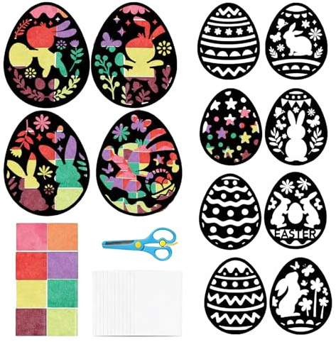 Scinzene Ostern Basteln Komplettset, 12 Fensterbilder Ostern Selbstklebend inkl Schere, Bunte Frühlingsdeko Bastelideen für Jungen Mädchen und Gruppen, figuren